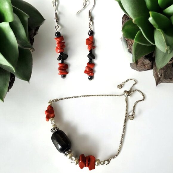 Artisan Jewelry - Artisan Red Coral Obsidian Bracelet Earring Set Stainless Steel
